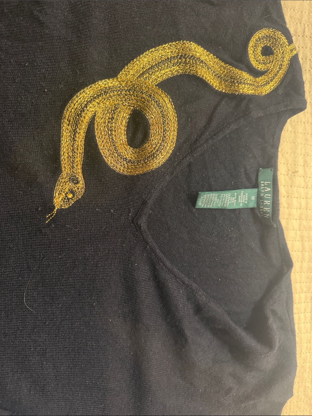 Lauren Ralph Lauren black top with gold snake embroidery